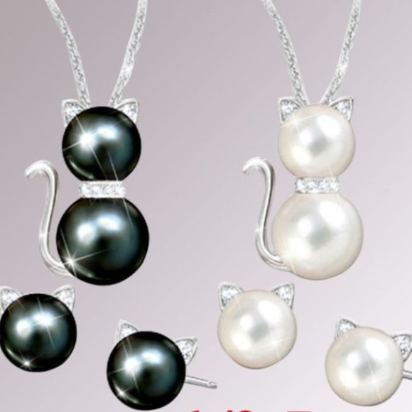 TT-Faux Black Pearls Rhinestone Cat Earring and Necklace Set - Picture 4 of 5